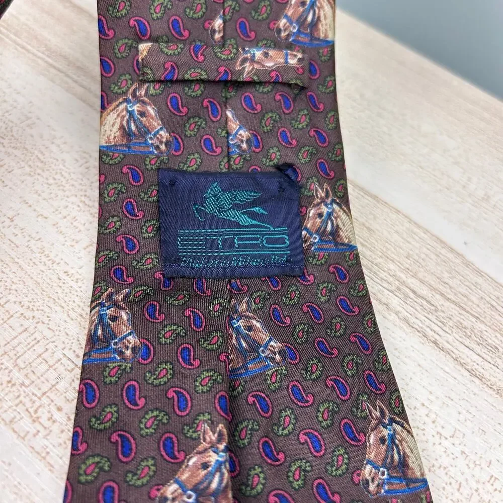 Etro Silk Necktie Horse Equestrian Brown Tan Paisley Boho Luxury Designer Tie